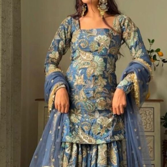 Designer Pakistani Royal Blue Crepe Digital Print With Embroidery Sharara Suit - Picture 5 of 5